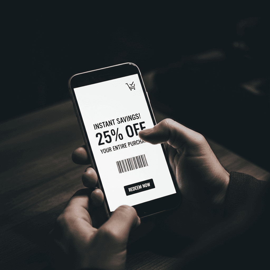 Customer using mobile app or digital coupon for discounts