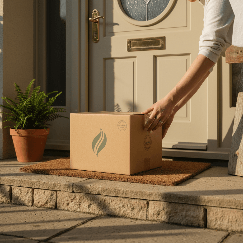 Doorstep delivery moment showing convenient service to customer home