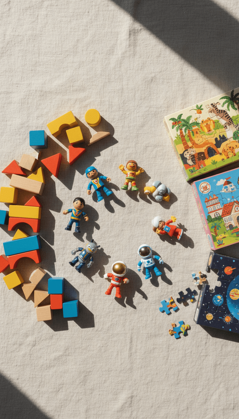 Toys and games collection in bright natural light