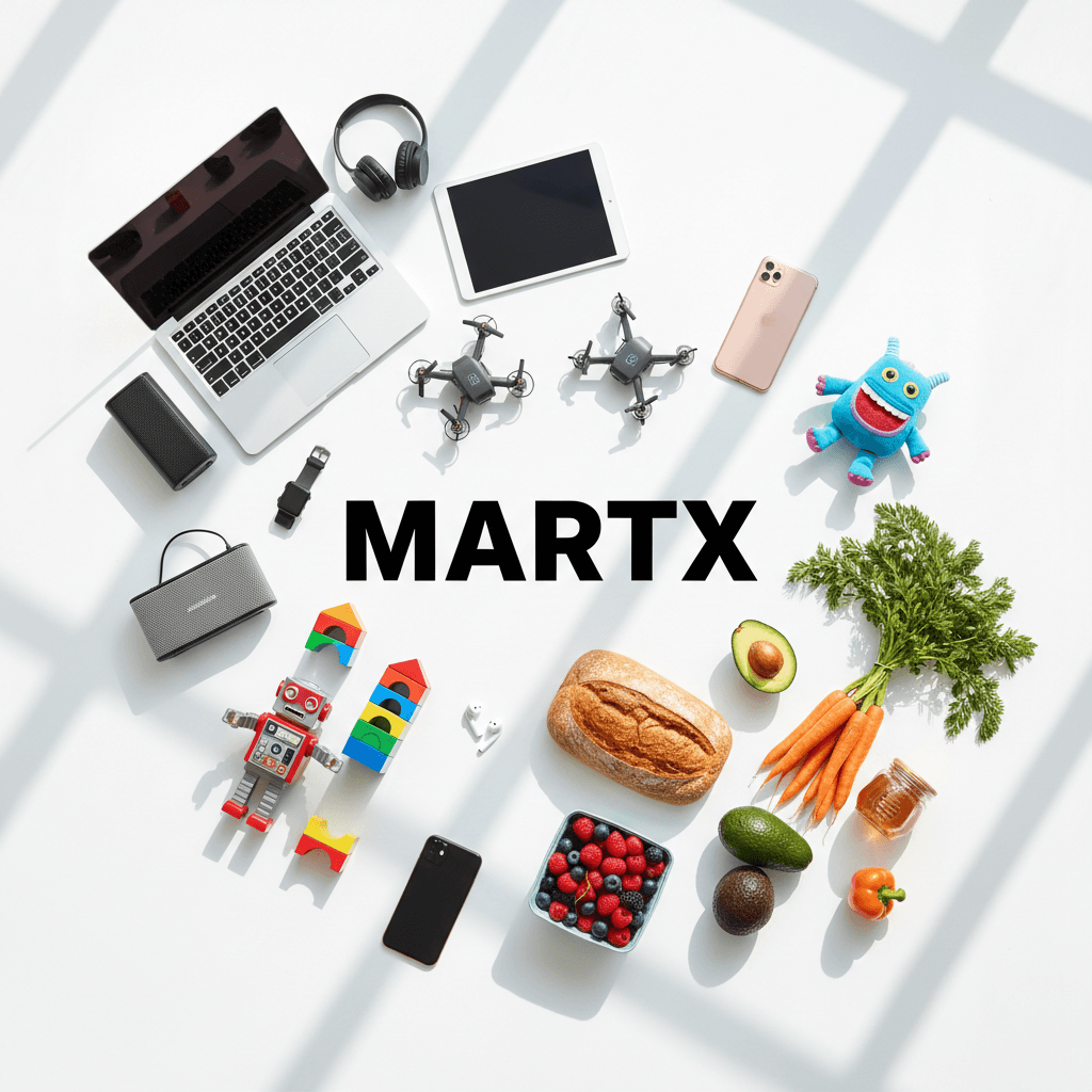Diverse product selection showing electronics, toys, groceries, and mobiles