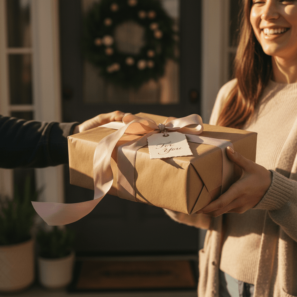 Package being delivered to doorstep in warm afternoon light